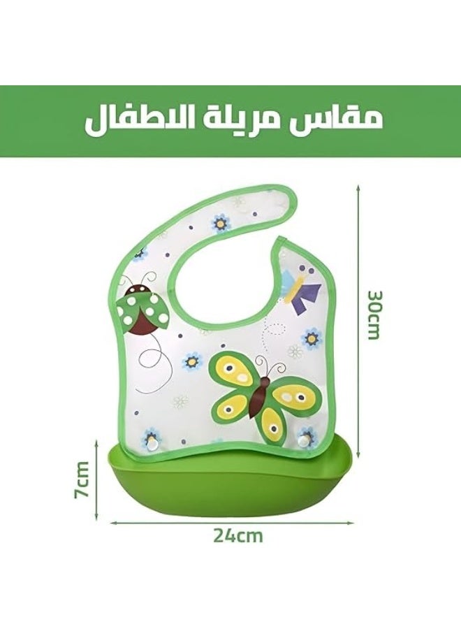 مريلة سيليكون للأطفال الرضع والصغار - مريلة مقاومة للماء مع جيب لجمع الطعام، مصنوعة من مادة ناعمة ومريحة، سهلة التنظيف، تحمي ملابس الطفل من انسكاب الطعام والسوائل - لون وشكل عشوائيان - Image 3